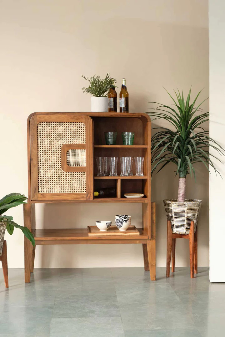 TEAK WOOD AND WICKER BAR CABINET