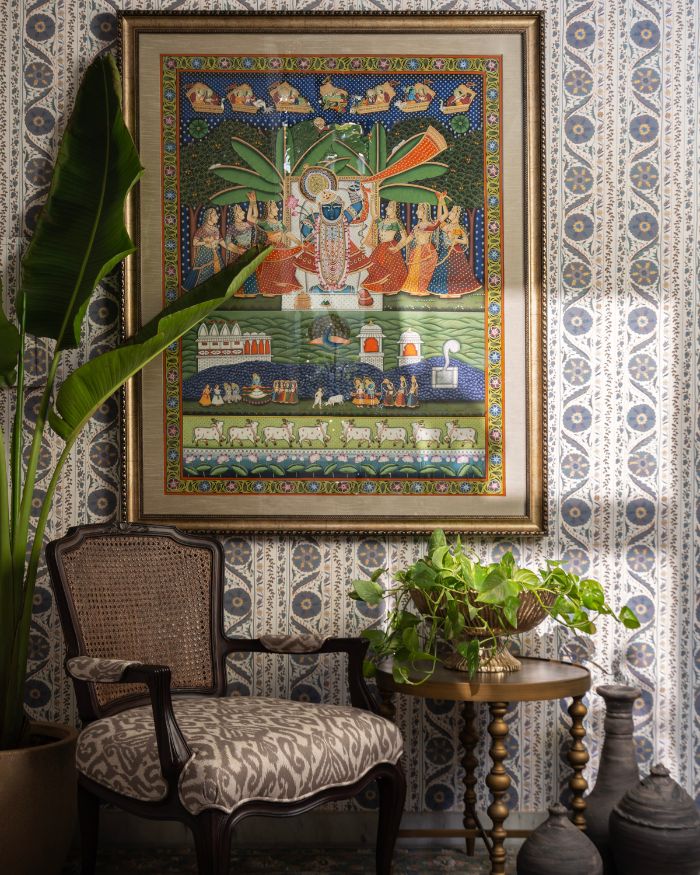 Every corner brims with character, gently nudging one to press pause. The
large artwork is by Kuldeepak & Naveen Soni and The chairs and fabric are from Beyond
Dreams; Photography by Tarang Goyal